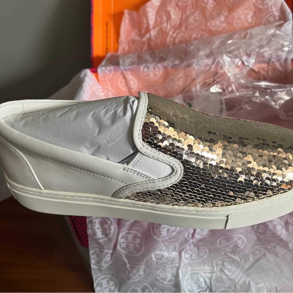 Tory Burch White and Gold Sequin Slip-On Sneakers